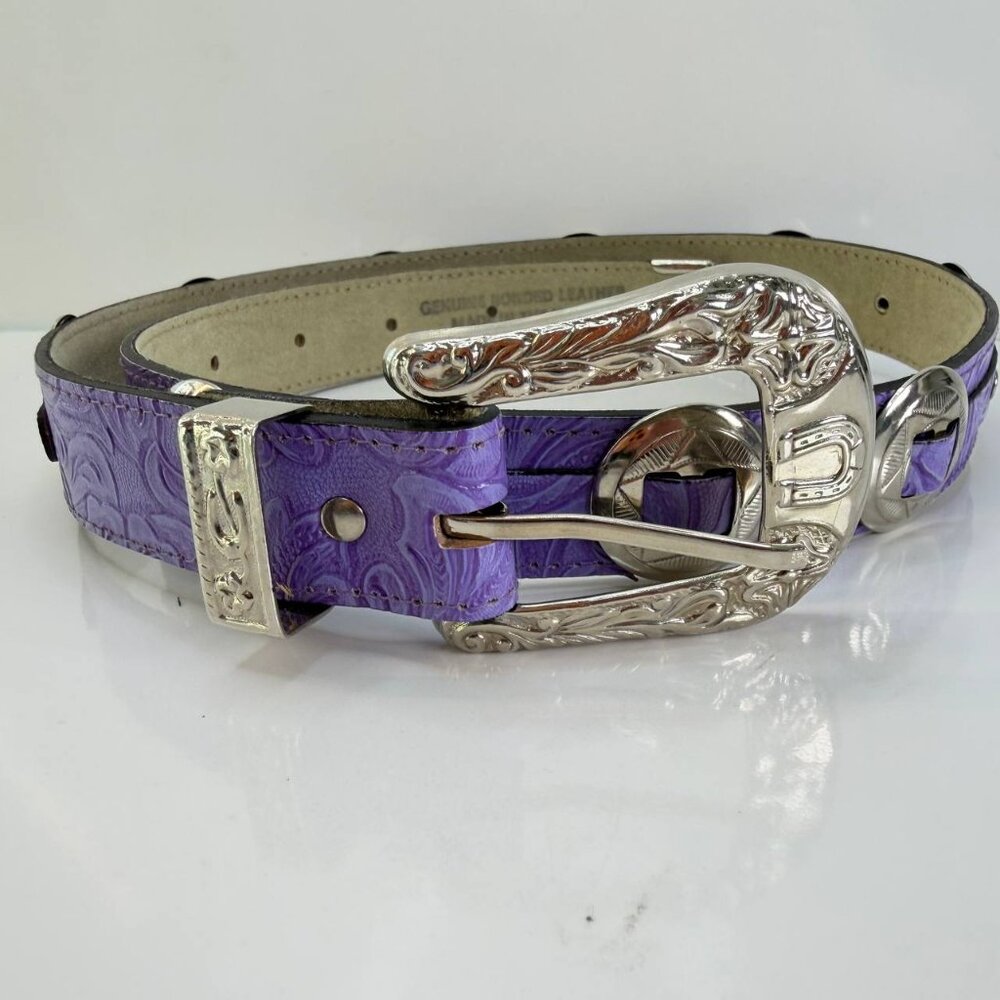Purple Western Style Leather Belt – Decorative Silver Buckle